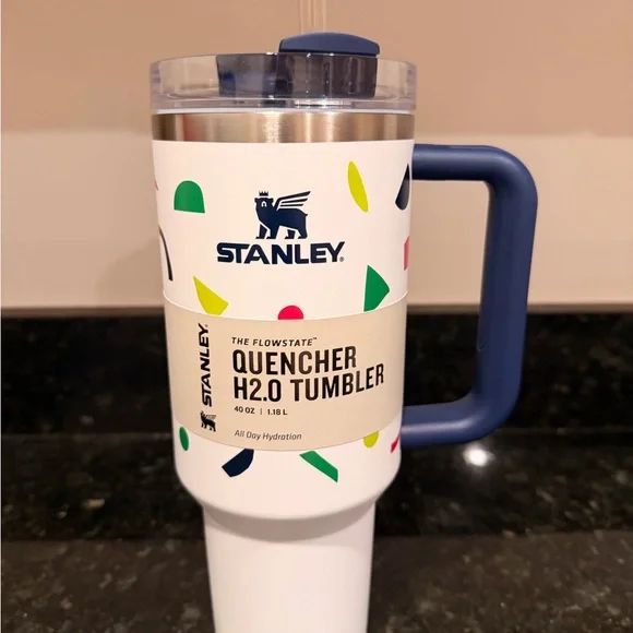 Stanley Quencher H2.0 Tumbler - White with Confetti Design And Blue Handle - Picture 1 of 6